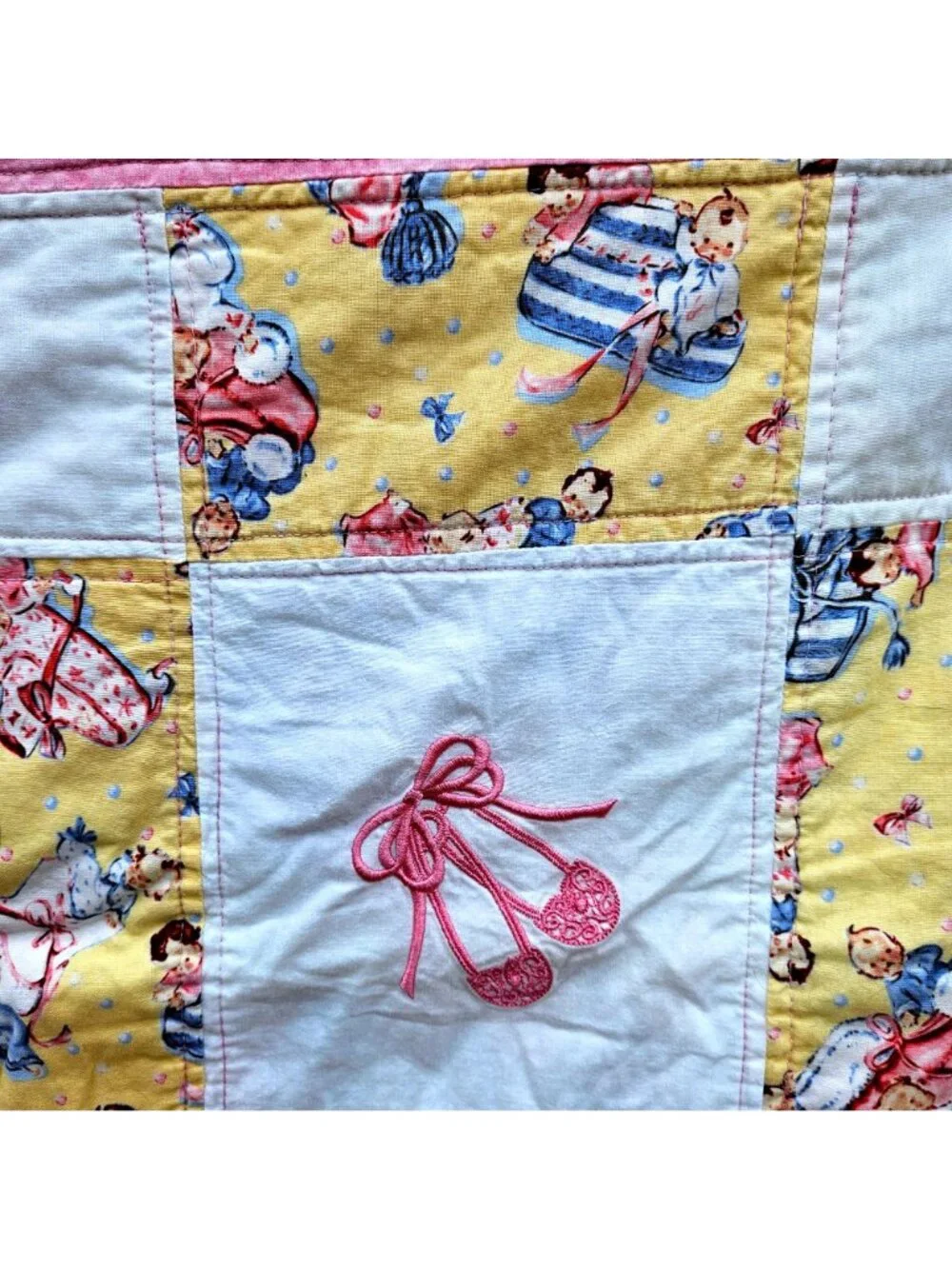 Vintage Baby Quilt Girl Pink Yellow Cotton Machine Embroidery 42x39